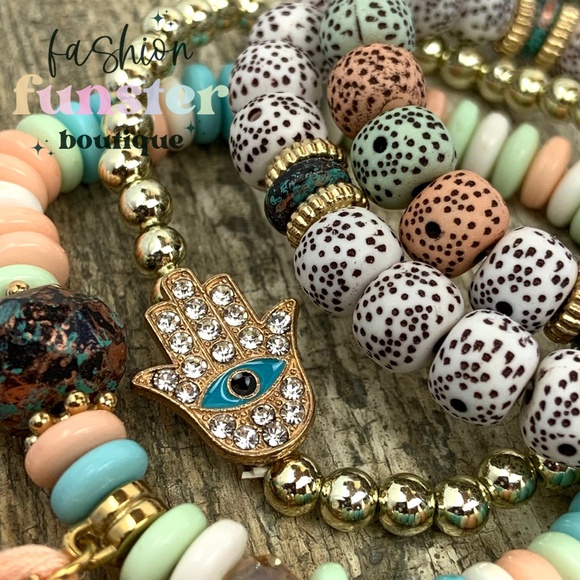 Hamsa Hand of Fatima Evil Eye Pastel Candy Colored Stackable Amulet Bracelet Set - Picture 3 of 9